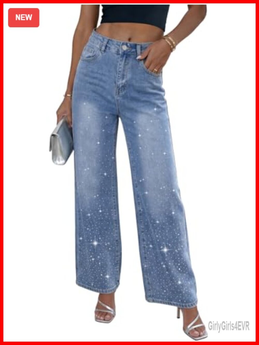 Rhinestone High Waisted Baggy Wide Leg Sparkly Denim Jeans